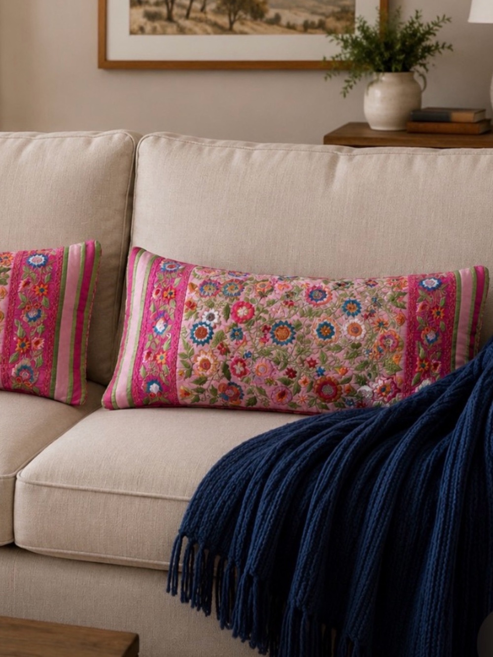 BOHO Pip Studio Embroidered Floral Lumbar Pillow covers Pink set of 2